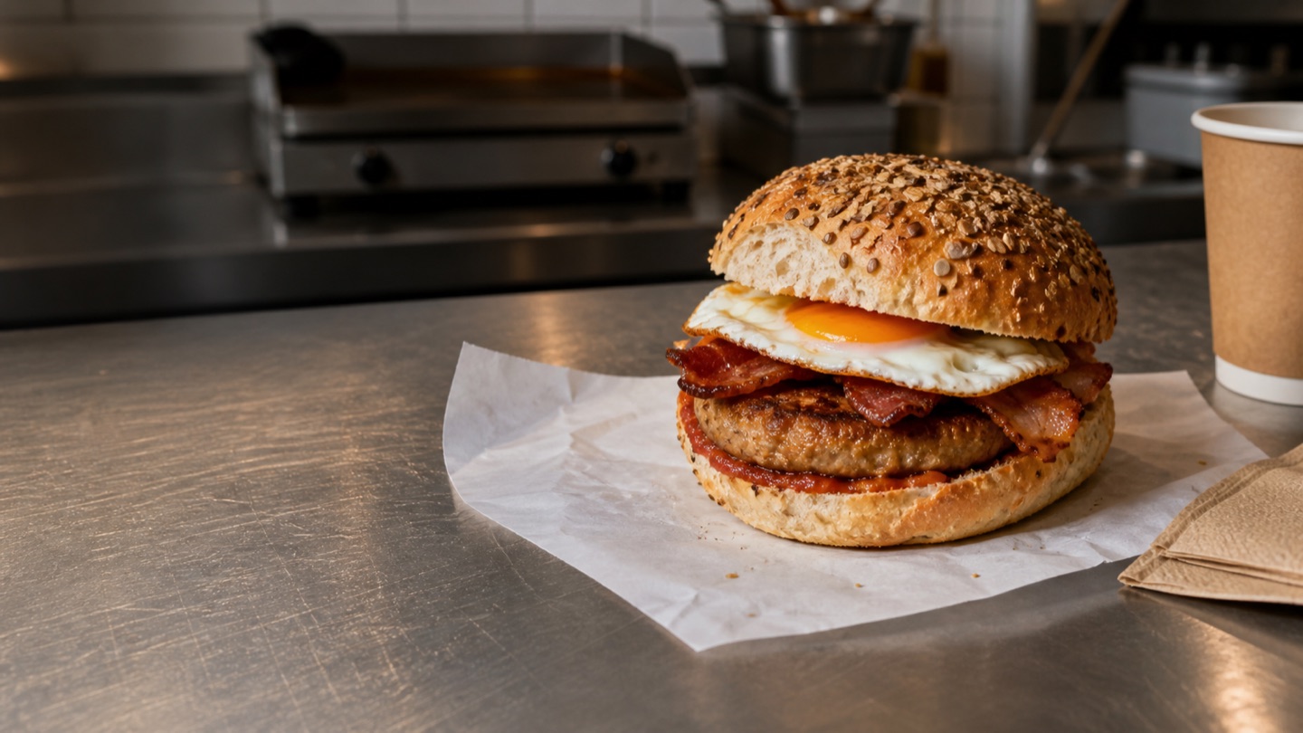 Proposed concept image of a breakfast sandwich on a steel counter